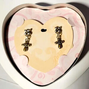 Brighton GRACE Silver Flower Small Dangling Cross Gold Accent Earrings, Post NWT